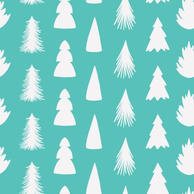 Mutlu Noeller ve çeşitli noel ağaçlarıyla kusursuz bir şablon. Modern el çizimleri. Renkli çağdaş sanat