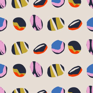 El çizimleri, benekler, noktalar ve dokuları olan soyut, çağdaş, pürüzsüz desenler. Canlı boho baskısı. Modern kolaj vektör illüstrasyonu