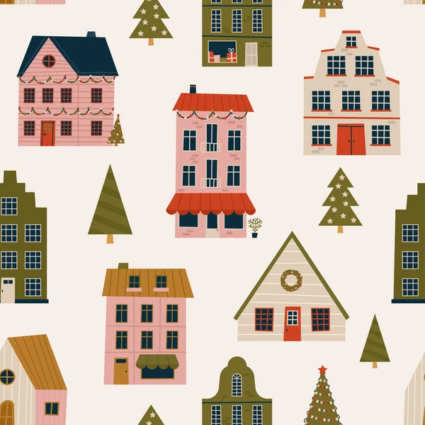 Счастливого Рождества Нового Года Печати Узор Различными Крошечными Домами Современные — стоковый вектор