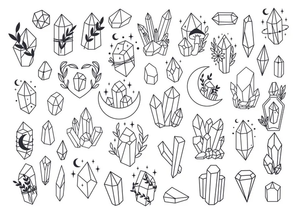 Набір Езотеричних Кристалів Дорогоцінних Каменів Діамантів Ювелірних Мінімалістичних Принтів Бохо — стоковий вектор