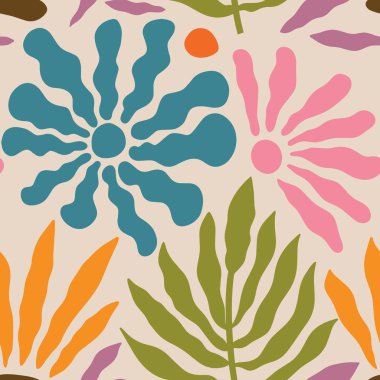 Estetik Çağdaş, basılabilir, modaya uygun, dikişsiz çiçekler. Dekoratif Hippi Saflığı 60 'lar, 70' ler tarzı vintage boho arka planı kumaş, duvar kağıdı ya da ambalaj için minimalist stil