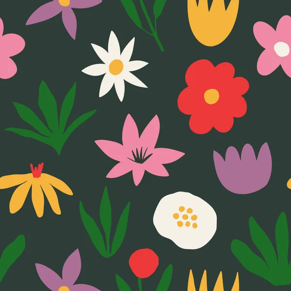 Aesthetic Contemporary Printable Seamless Pattern Retro Groovy Flowers Decorative Naive —  Vetores de Stock