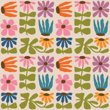 Estetik Çağdaş, basılabilir, modaya uygun, dikişsiz çiçekler. Dekoratif Hippi Saflığı 60 'lar, 70' ler tarzı vintage boho arka planı kumaş, duvar kağıdı ya da ambalaj için minimalist stil