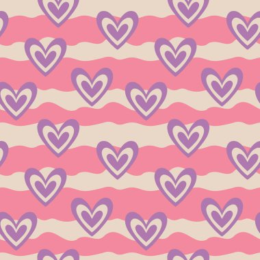 Aesthetic Retro Romantic printable groovy hearts seamless pattern. Decorative Hippie Naive 60's, 70's style Vintage modern background in minimalist style for fabric, wallpaper or wrapping