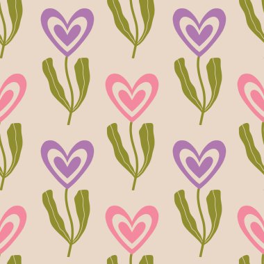 Aesthetic Retro Romantic printable groovy hearts seamless pattern. Decorative Hippie Naive 60's, 70's style Vintage modern background in minimalist style for fabric, wallpaper or wrapping