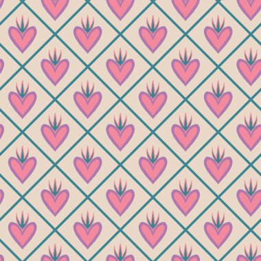 Aesthetic Retro Romantic printable groovy hearts seamless pattern. Decorative Hippie Naive 60's, 70's style Vintage modern background in minimalist style for fabric, wallpaper or wrapping