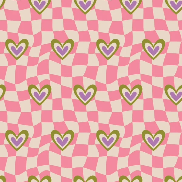 Aesthetic Retro Romantic Printable Groovy Hearts Seamless Pattern Decorative Hippie — Image vectorielle