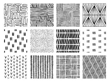 Set of Aesthetic Contemporary printable seamless pattern with abstract Minimal elegant line brush stroke shapes and line in black and white colors.