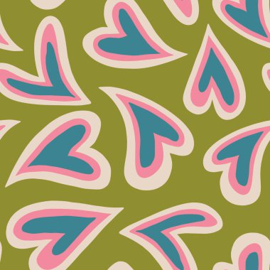 Aesthetic Retro Romantic printable groovy hearts seamless pattern. Decorative Hippie Naive 60's, 70's style Vintage modern background in minimalist style for fabric, wallpaper or wrapping