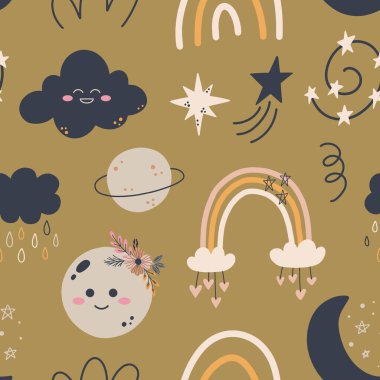 Güzel el çizimi, boho stilinde kusursuz desen. Çocuk odası için karikatür baskısı. Duş davetiyesi, doğum günü, çocuk partisi, kitap kapağı, poster tasarımı