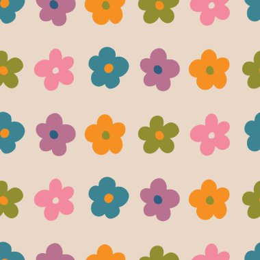 Estetik Çağdaş, basılabilir, modaya uygun, dikişsiz çiçekler. Dekoratif Hippi Saflığı 60 'lar, 70' ler tarzı vintage boho arka planı kumaş, duvar kağıdı ya da ambalaj için minimalist stil