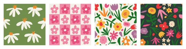 Set Aesthetic Contemporary Printable Seamless Pattern Retro Groovy Flowers Decorative — Stock Vector