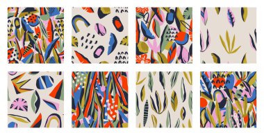 El çizimleri, benekler, noktalar ve dokuları olan soyut, çağdaş, pürüzsüz desenler kümesi. Canlı boho baskısı. Modern kolaj vektör illüstrasyonu