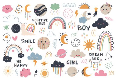 Güzel bir el çizimi gökkuşağı, güneş, bulut, yıldız, hava durumu. Çocuk odası için çizgi film karalama klipleri. Duş davetiyesi, doğum günü, çocuk partisi, kitap kapağı, poster tasarımı