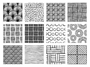 Set of Aesthetic Contemporary printable seamless pattern with abstract Minimal elegant line brush stroke shapes and line in black and white colors.