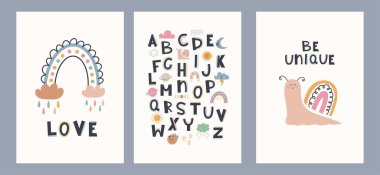 Gökkuşağı, hava durumu, eğitim unsurlarının boho tarzında çizildiği hoş el resimleri. Çocuk odası için alfabeli karikatür baskısı. Kart, etiket, broşür, kitap kapağı, poster, afiş, afiş için tasarım