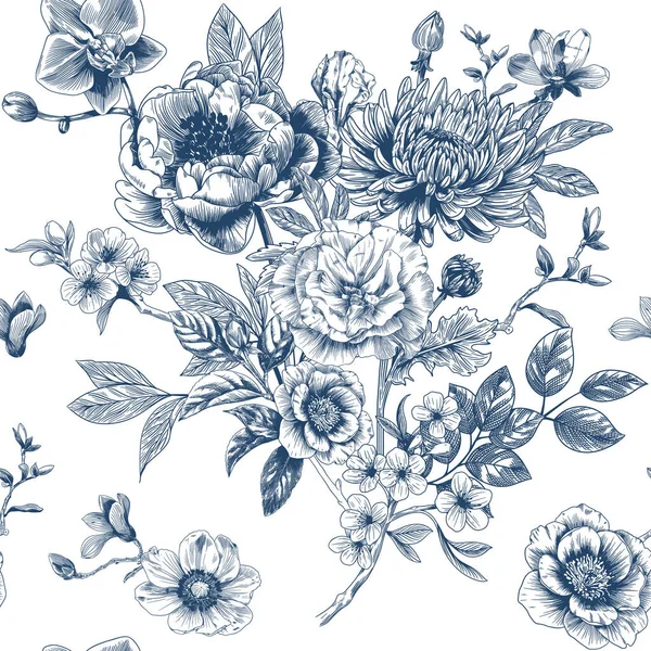 Αφηρημένη Σύγχρονη Floral Αδιάλειπτη Μοτίβο Χειροποίητα Λουλούδια Στυλ Toile Jouy — Διανυσματικό Αρχείο