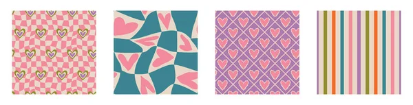 Aesthetic Retro Romantic Printable Groovy Hearts Seamless Pattern Decorative Hippie — Vettoriale Stock