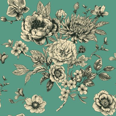 Toile de Jouy tarzında elle çizilmiş çiçek desenli soyut modern çiçek deseni. Retro zarafet tekrar yazdırma. Kumaş, duvar kağıdı veya ambalaj için klasik tasarım