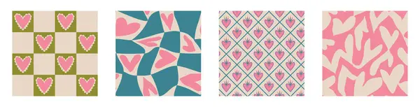 Aesthetic Retro Romantic Printable Groovy Hearts Seamless Pattern Decorative Hippie — Stock Vector