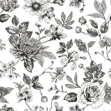 Toile de Jouy tarzında elle çizilmiş çiçek desenli soyut modern çiçek deseni. Retro zarafet tekrar yazdırma. Kumaş, duvar kağıdı veya ambalaj için klasik tasarım