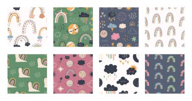 Güzel el çizimi, boho tarzında kusursuz desenler. Çocuk odası için karikatür baskısı. Duş davetiyesi, doğum günü, çocuk partisi, kitap kapağı, poster tasarımı