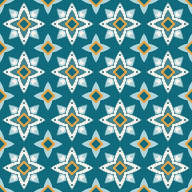 Soyut Fas baskılı mavi ve turuncu renklerde Arapça geometrik basılabilir dikişsiz desen. Ramazan Kareem Geleneksel İslami Sanat İllüstrasyon geçmişi
