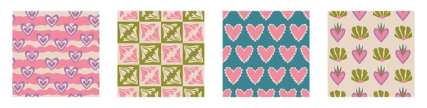 Aesthetic Retro Romantic Printable Groovy Hearts Seamless Pattern Decorative Hippie — Stockový vektor