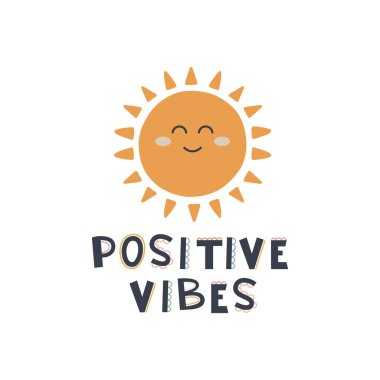 Boho tarzında güzel el çizimi pozitif titreşimler. Çocuk odası için karikatür baskısı. Duş davetiyesi, doğum günü, çocuk partisi, kitap kapağı, poster tasarımı