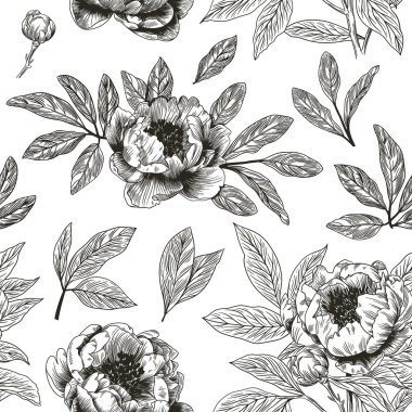 Toile de Jouy tarzında elle çizilmiş çiçek desenli soyut modern çiçek deseni. Retro zarafet tekrar yazdırma. Kumaş, duvar kağıdı veya ambalaj için klasik tasarım.