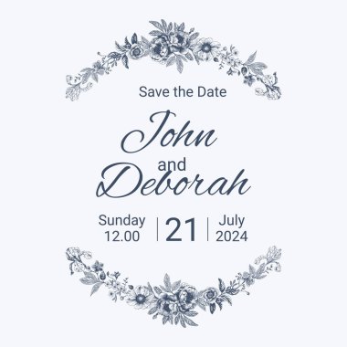 Botanik mavisi düğün çerçevesi ya da beyaz arka planda çelenk. El çizimi çiçek, çiçek, toile de jouy tarzı yaprak dalı. Düğün için satır sanatı, monogram, davetiye, selamlama, logo, doğum günü kartları