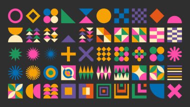 Bauhaus tarzında şekilli, şekilli, dairesel ve çizgili elementlerle soyut basit geometrik küme. Canlı grunge geometri gaddarlığı 2000 'lerin baskısı. Modern kolaj vektör illüstrasyonu.
