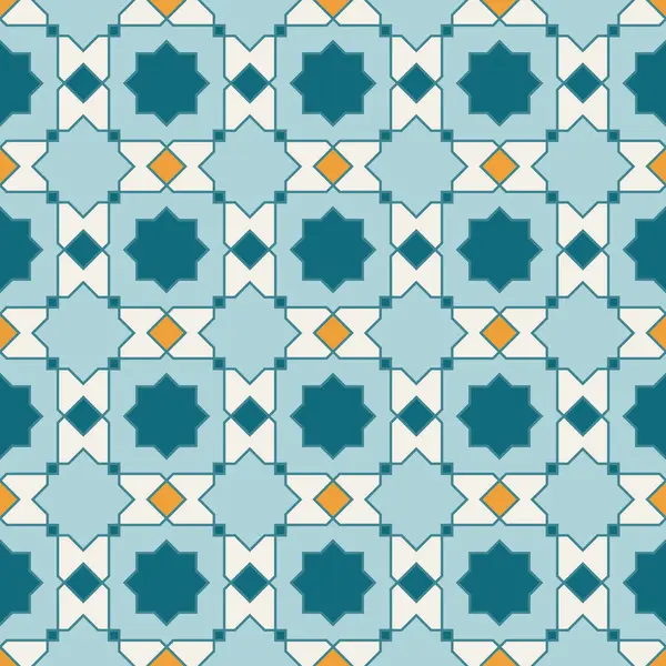 アラビアの幾何学的なモザイク印刷可能なシームレスなパターン 抽象的なモロッコ語は青とオレンジ色で印刷します ラマダンカレム 伝統的なイスラム美術イラストの背景 — ストックベクタ