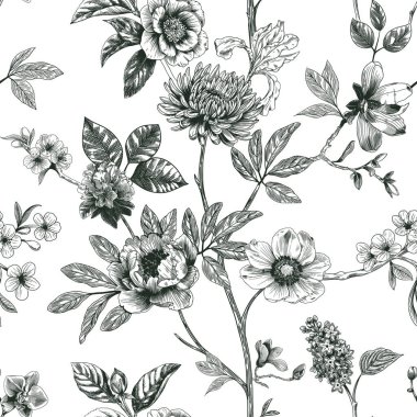 Toile de Jouy tarzında elle çizilmiş çiçek desenli soyut modern çiçek deseni. Retro zarafet tekrar yazdırma. Kumaş, duvar kağıdı veya ambalaj için klasik tasarım.