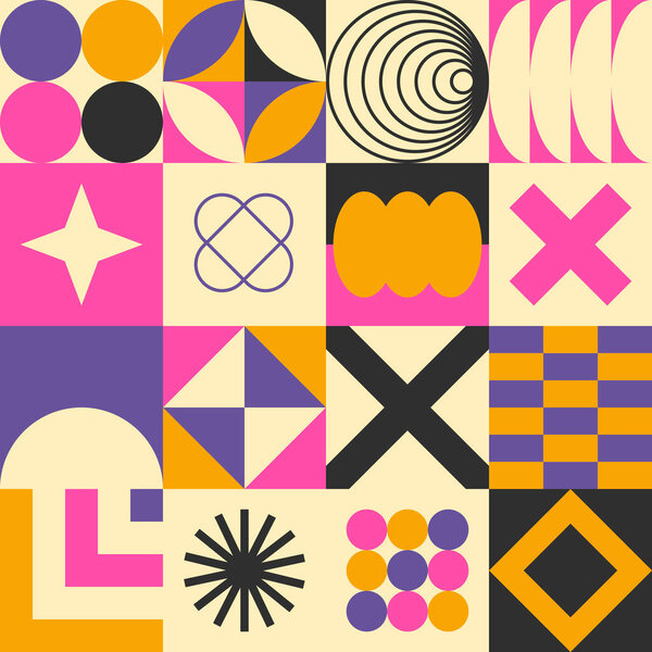 Abstract simple geometric seamless pattern with figure, form, shapes, circle and lines in Bauhaus style. Vibrant grunge geometry brutalism y2k 2000s print. Modern collage vector illustration.