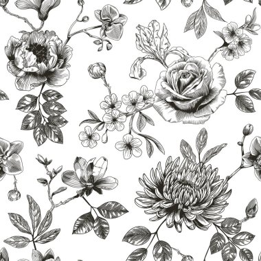 Toile de Jouy tarzında elle çizilmiş çiçek desenli soyut modern çiçek deseni. Retro zarafet tekrar yazdırma. Kumaş, duvar kağıdı veya ambalaj için klasik tasarım.