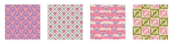 Aesthetic Retro Romantic Printable Groovy Hearts Seamless Pattern Decorative Hippie — Archivo Imágenes Vectoriales