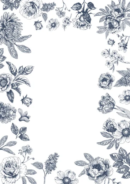 Botanical Blue Wedding Frame Wreath White Background Hand Drawn Floral — Stock Vector