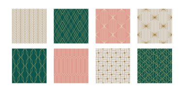 Klasik Sanat Dekoltesi Kusursuz Şablonu. Çizgi sanat geometrik altın şekiller. Modern süslemeler vektör illüstrasyonu. Kumaş, duvar kağıdı veya ambalaj için Gatsby zarif arkaplan