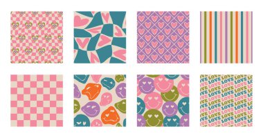 Aesthetic Retro Romantic printable groovy hearts seamless pattern. Decorative Hippie Naive 60's, 70's style Vintage modern background in minimalist style for fabric, wallpaper or wrapping