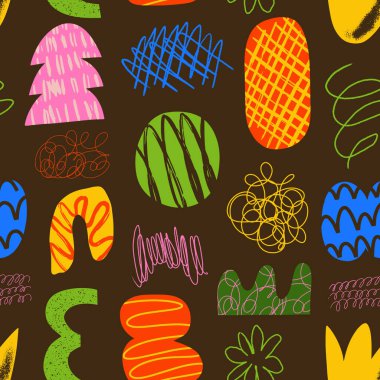 Elle çizilmiş şekiller, noktalar, karalamalar ve çizgiler ile estetik, çağdaş, pürüzsüz desen. Canlı grunge geometrik gaddarlık 2000 'lerin baskısı. Modern kolaj vektör illüstrasyonu.