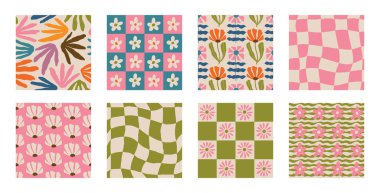 Estetik Çağdaş, basılabilir, modaya uygun, dikişsiz çiçekler. Dekoratif Hippi Saflığı 60 'lar, 70' ler tarzı vintage boho arka planı kumaş, duvar kağıdı ya da ambalaj için minimalist stil