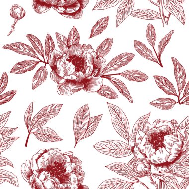 Toile de Jouy tarzında elle çizilmiş çiçek desenli soyut modern çiçek deseni. Retro zarafet tekrar yazdırma. Kumaş, duvar kağıdı veya ambalaj için klasik tasarım