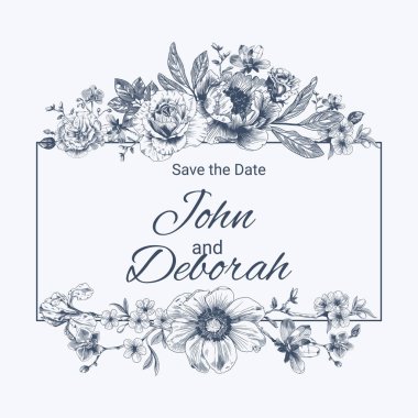 Botanik mavisi düğün çerçevesi ya da beyaz arka planda çelenk. El çizimi çiçek, çiçek, toile de jouy tarzı yaprak dalı. Düğün için satır sanatı, monogram, davetiye, selamlama, logo, doğum günü kartları.