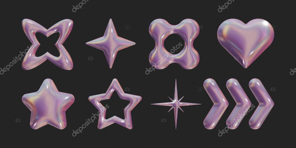 Set of Y2k geometric 3D render holographic shapes trendy retro futuristic design elements, infographic shapes. Modern concept with symbols and objects, star, heart Vector illustration for UI and UX.