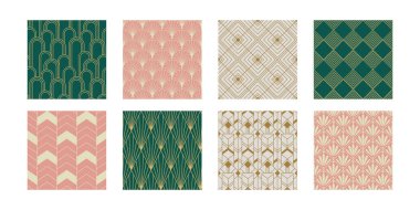 Klasik Sanat Dekoltesi Kusursuz Şablonu. Çizgi sanat geometrik altın şekiller. Modern süslemeler vektör illüstrasyonu. Kumaş, duvar kağıdı veya ambalaj için Gatsby zarif arkaplan