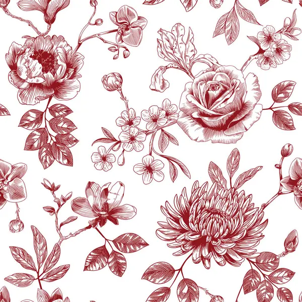 Abstract Red Modern Floral Seamless Pattern Hand Drawn Flower Toile — Stock Vector