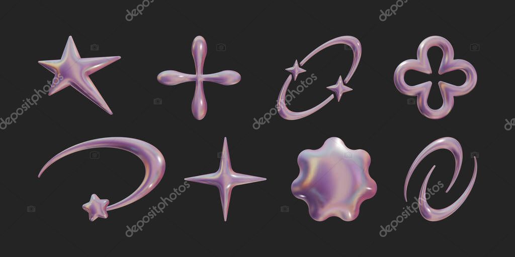 Set of Y2k geometric 3D render holographic shapes trendy retro futuristic design elements, infographic shapes. Modern concept with symbols and objects, star, heart Vector illustration for UI and UX
