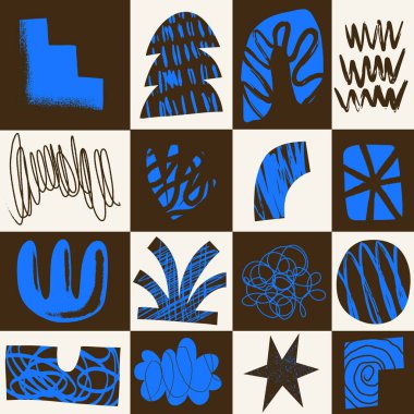 Elle çizilmiş şekiller, noktalar, karalamalar ve çizgiler ile estetik, çağdaş, pürüzsüz desen. Canlı grunge geometrik gaddarlık 2000 'lerin baskısı. Modern kolaj vektör illüstrasyonu.