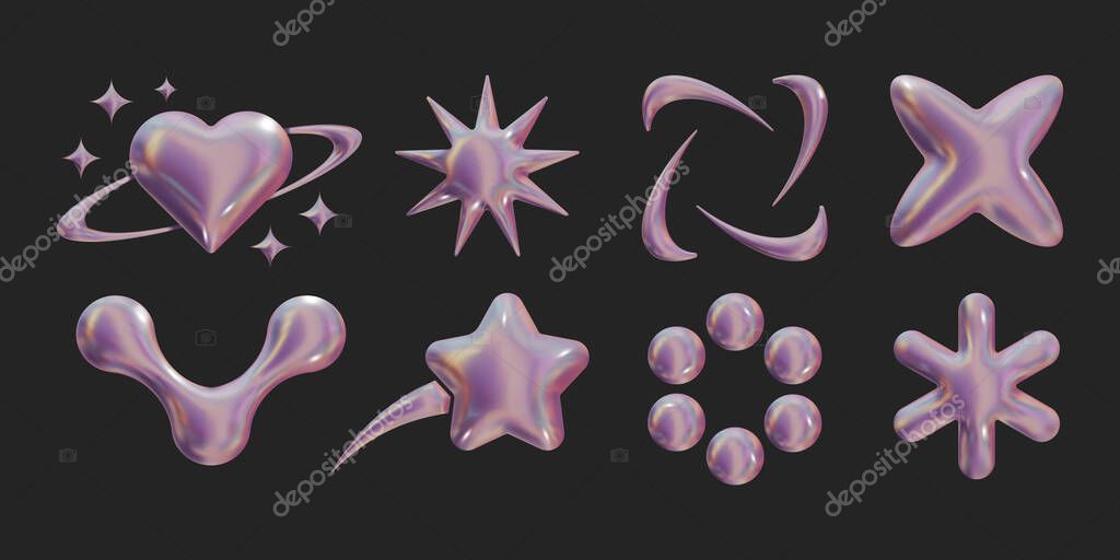 Set of Y2k geometric 3D render holographic shapes trendy retro futuristic design elements, infographic shapes. Modern concept with symbols and objects, star, heart Vector illustration for UI and UX.